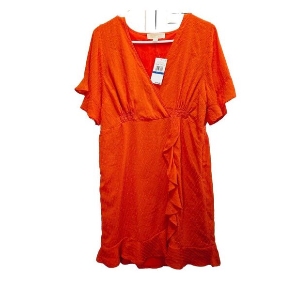 NWT MICHAEL KORS FAUX WRAP OPTIC ORANGE SIDE ZIP RUFFLE FRONT DRESS MSRP $165 - Picture 3 of 14